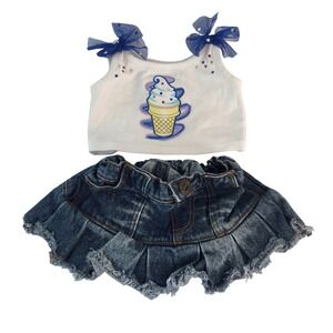 Build A Bear Clothes White Blue Ice Cream Tank Top Pleated Denim Skirt Outfit